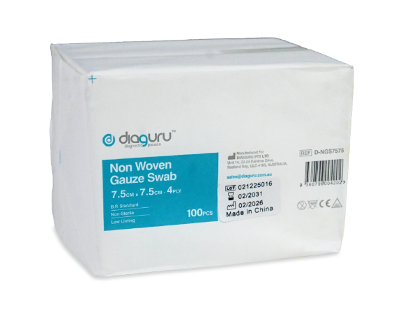 DiaGuru Non Woven Gauze Swab, 7.5 cm x 7.5 cm, 30 gsm, 4-ply, Pack/100