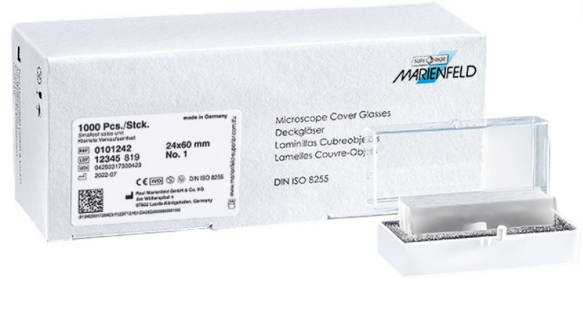 Marienfeld Microscope Coverslip Glass 24x60 mm; Rectangle, Borosilicate Glass Thickness 0.13-0.16 mm, 100pcs/Vial, 10 vials/box