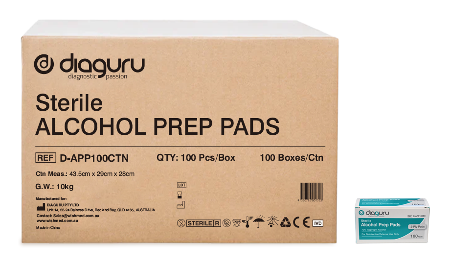 Diaguru Alcohol Prep Pads 70% IPA CTN/100 Boxes