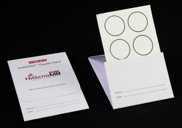 HiMedia's InstaDNA™ Quadri Card or DBS Card for sample collection including dried blood, buccal cells, tissue, cultured cells, microorganisms and plant tissue Pack/25