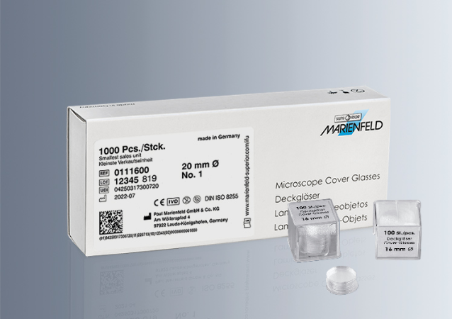 Marienfeld Microscope Coverslip Glass 13mm; Round, Borosilicate Glass Thickness 0.13-0.16 mm, 100pcs/Vial, 10 vials/box