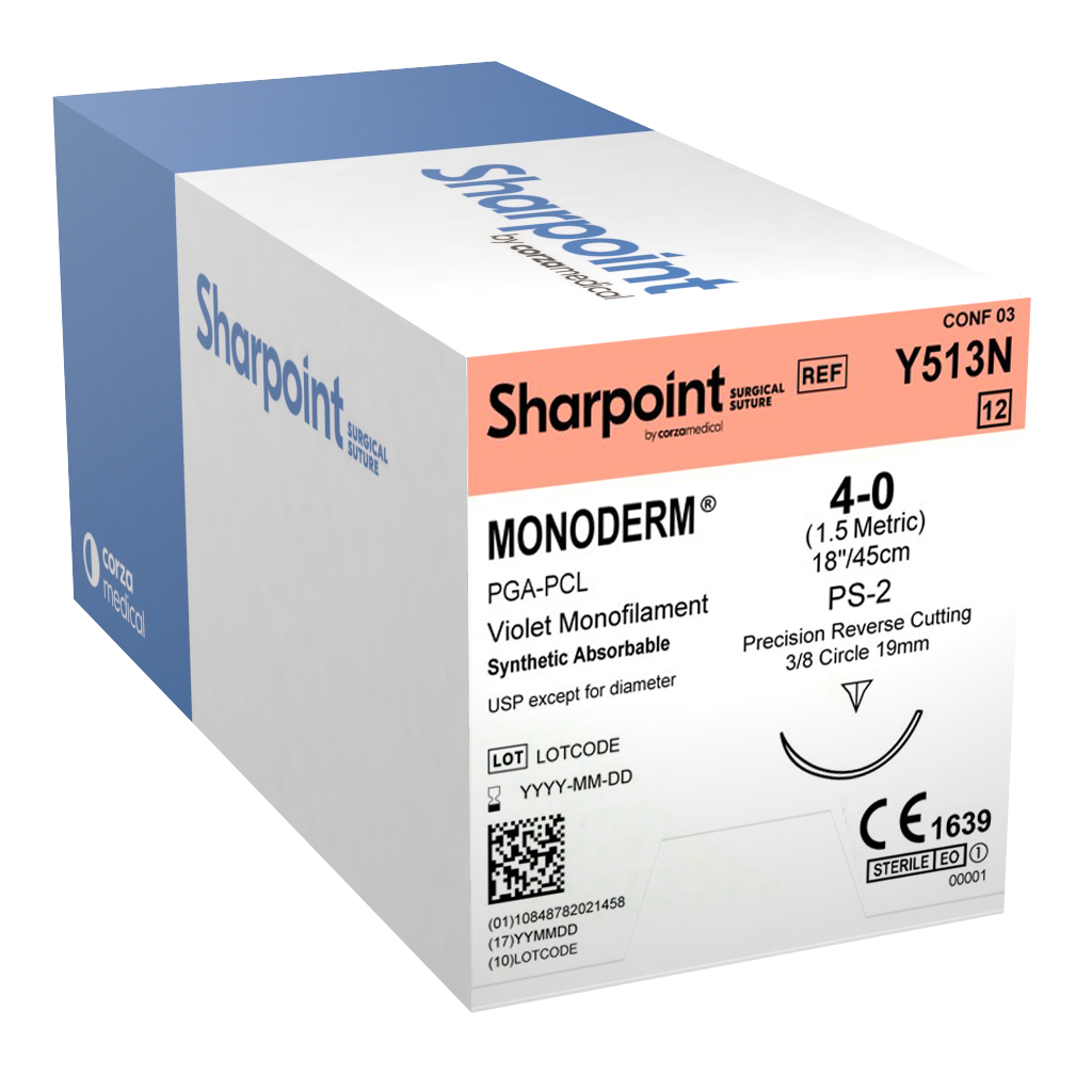 SHARPOINT Suture Monoderm™, 4-0, Violet Dyed, 18", PS-2, 3/8 Circle Precision Reverse Cutting 19mm Box/12