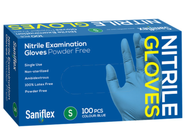 Saniflex Nitrile Examination Gloves Blue Powder Free, Medium, Box/100 Ctn/10 boxes