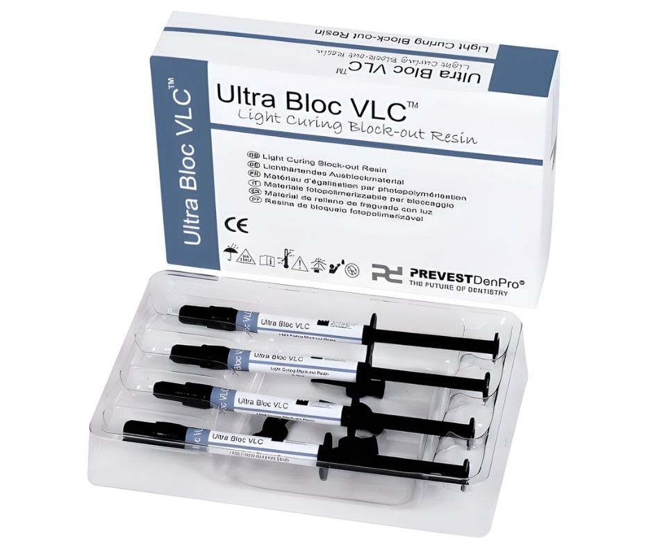 Prevest Denpro Ultra Bloc VLC: Light Curing Block Out Resin - 4x 1.2 mL Syringe + 4x Applicator Tips + 1x Instruction Manual