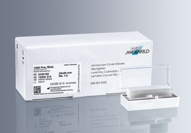 Marienfeld Microscope Coverslip Glass 22x60 mm; Square, Borosilicate Glass Thickness 0.16-0.19 mm, 100pcs/Vial, 10 vials/box