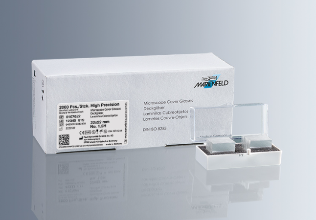 Marienfeld Microscope Coverslip Glass 24x50 mm; Square, Borosilicate Glass Thickness 1.5H (0.170 mm ± 0.005 mm), 100pcs/Vial, 10 vials/box