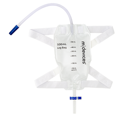 Mdevices Leg Bag 500mL - T-TAP Non-Return Valve 30cm Long Tube with Bonded Step Connector and Silicone Lined Straps - Tapered Design Ctn/80
