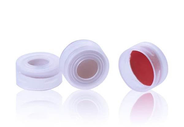 DiaGuru Red PTFE/White Silicone/Red PTFE Septa 11×1mm 11mm Natural Snap-Top PE Cap 6mm Centre Hole 100pcs/pack
