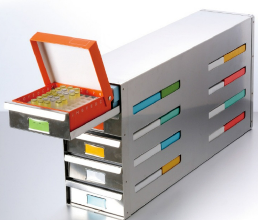 Biologix Sliding Drawer Freezer Racks Corrosion-Resistant Stainless Steel Colored Labels Pull-Out Handles Dimension 550mm×140mm×290mm Capacity 4×5 1 Piece/Case