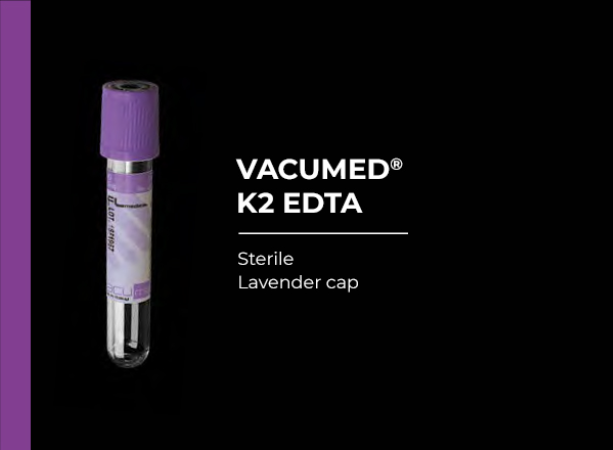Vacumed with K2 EDTA, Lavender Cap, Sterile 13x75 mm, 4 ml of blood, Carton/1200