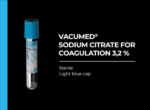Vacumed with Sodium Citrate 3.2%, for Coagulation, Light Blue Cap, Sterile 13x75 mm,  3.6 ml of blood  Carton/1200
