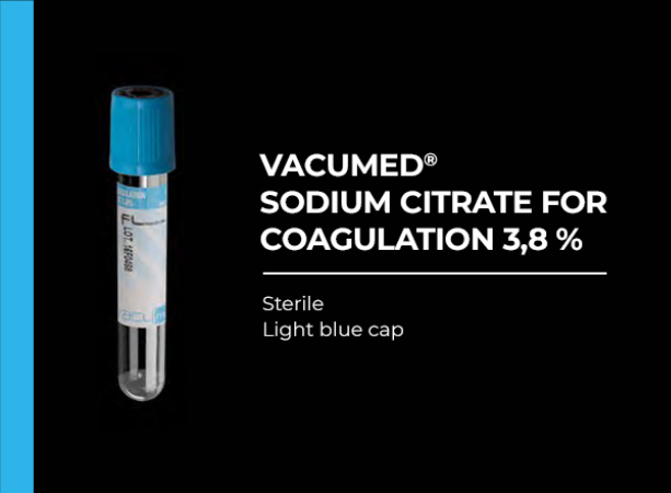 Vacumed with Sodium Citrate 3.8 %, for Coagulation, Light Blue Cap, Sterile 13x75 mm,  2.7 ml of blood  Carton/1200, Limited Qty