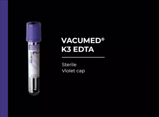 Vacumed with K3 EDTA, Violet Cap, Sterile 13x100 mm, 6 ml of blood, 100Pcs/BX