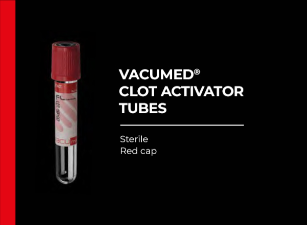 Vacumed with Clot Activator, Red Cap, Sterile 13x100 mm, 6 ml of blood,  Carton/1200