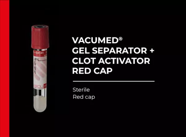 Vacumed with Gel Separator and Clot Activator, Red Cap, Sterile 13x100 mm, 5 ml of blood, Carton/1200