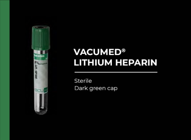Vacumed with Lithium Heparin, Green Cap, Sterile 16x100 mm, 9 ml of blood, 100Pcs/BX