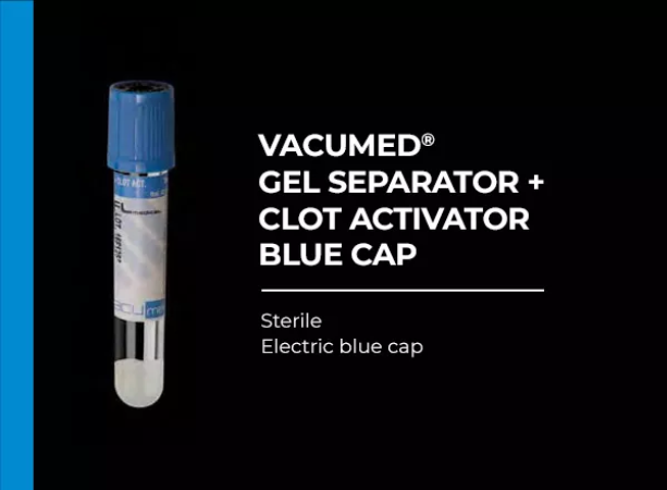 Vacumed with Gel Separator and Clot Activator, Electric Blue Cap, Sterile 16x100 mm, 8 ml of blood, 100Pcs/BX