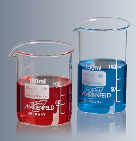 Marienfeld Tall Form Glass Beakers with Spout and White Graduation 250 ml (10Pcs/BX)