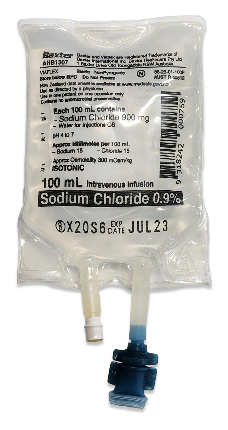 Sodium Chloride 0.9%; 100 mL USA Intravenous Infusion Viaflex bag; Each