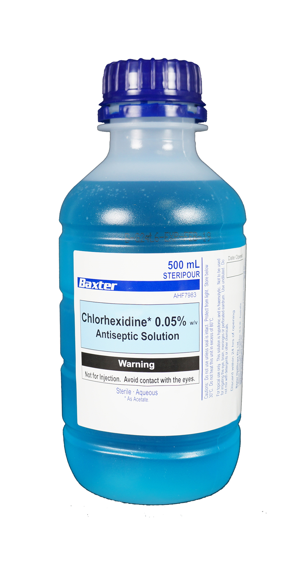 Chlorhexidine 0.05% Antiseptic Solution 500 mL blue Steripour bottle; Each