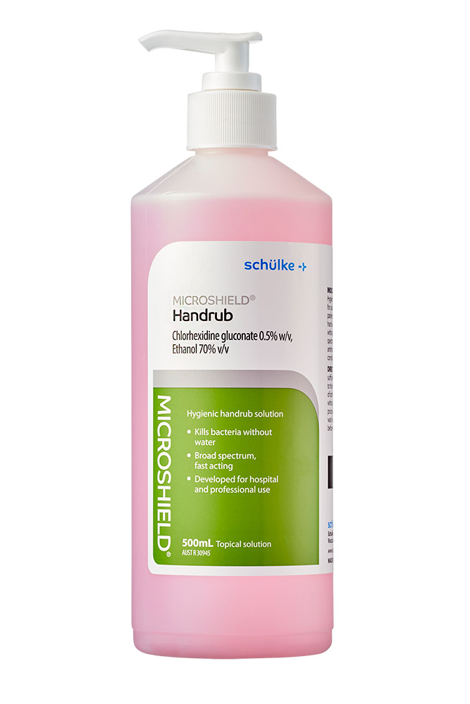 Microshield Handrub Solution Pink; 500mL; Chlorhexidine 0.5% + Alcohol 70%; Each